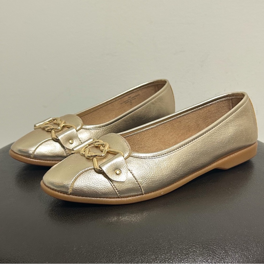 Aerosoles Light Gold Faux Pebble Leather Slip On Bia Ballet Flats 9 Wide 9 W